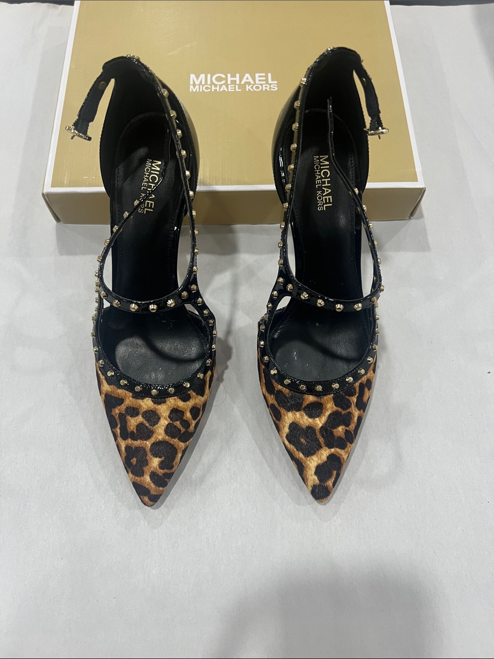 Michael Kors Leopard & Black Studded Pointed-Toe Ankle-Strap Heels
